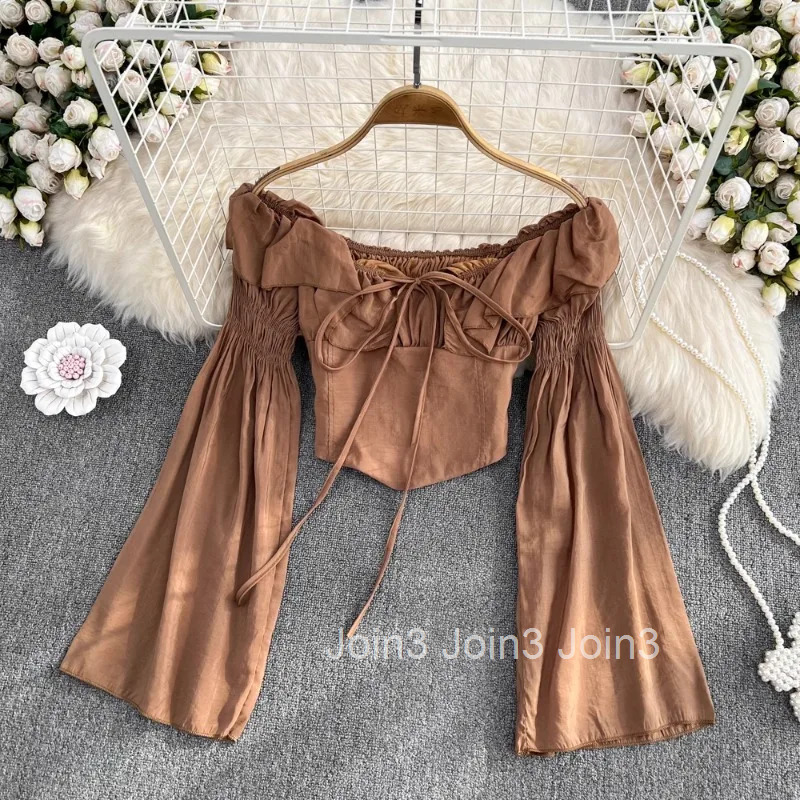 Crop Tops Solid Color Sexy Blouses Womens Clothing 2025 Blusas Mujer De Moda Slash Neck Flare Sleeve Bandage Chic Blouse Shirts