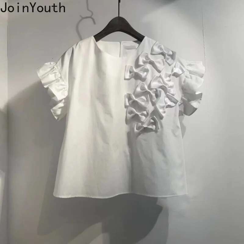White T Shirts for Women 2025 Ropa Mujer Sweet 3D Bow Summer Tees Cute Crop Tops O-neck Short Sleeve Ruffles Fashion Y2k Tshirt