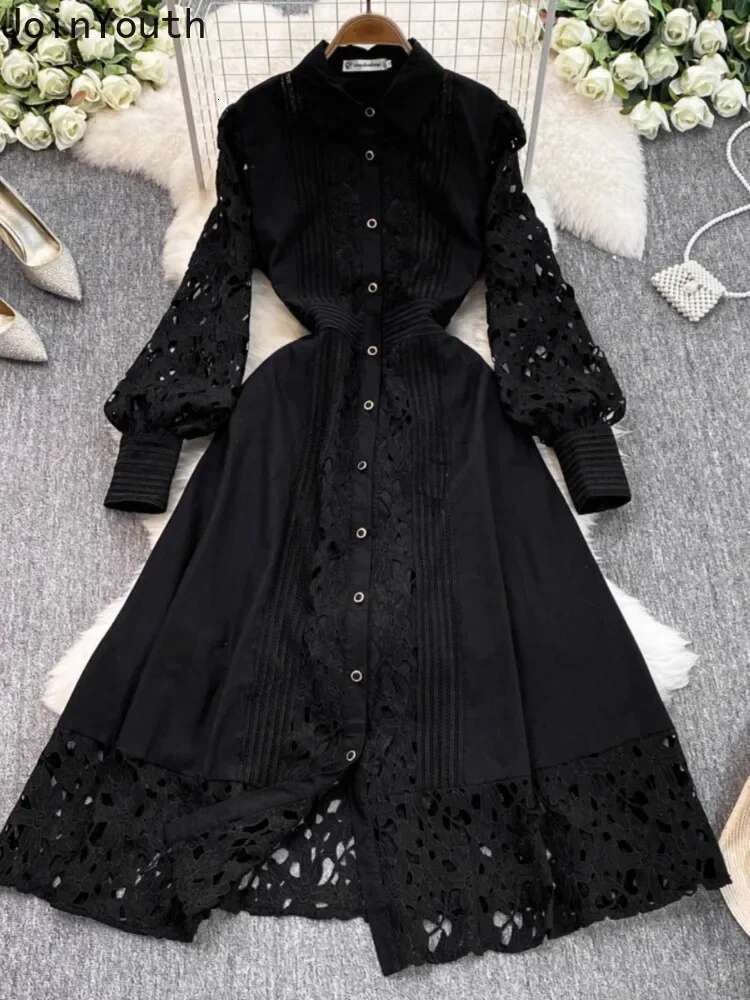 Maxi Dresses for Women Lace Hollow Out Single Breasted A-line Robe Femme Lantern Sleeve Vintage Summer Dress Vestidos De Mujer