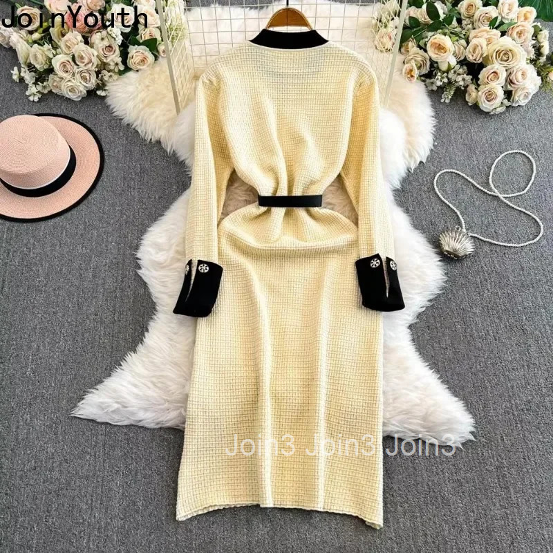 Vintage Knit Dress for Women High Waist Elegant Fashion Korean Vestidos De Mujer Bodycon Robe Femme Long Sleeve Bandage Dresses