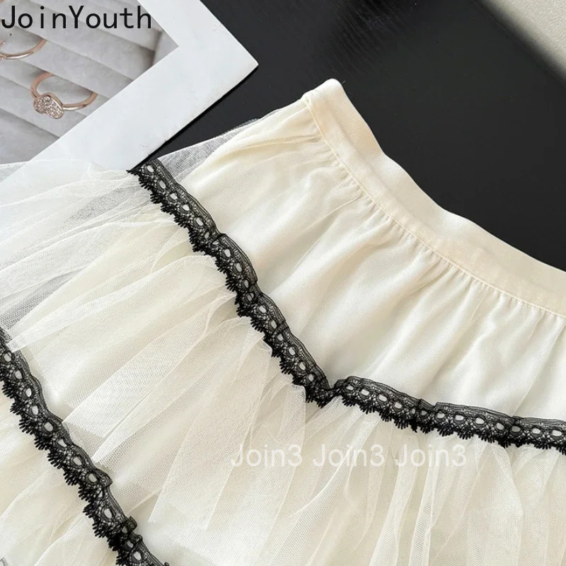 Sweet Summer Long Skirts Women 2025 Faldas Mujer De Moda High Waist A-line Jupe Ruffles Folds Skirts Patchwork Gauze Korean Saia