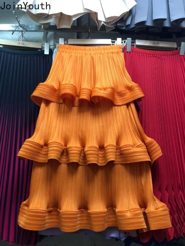 Folds Skirt Women Fashion Ruffles Jupe 2025 Faldas Mujer De Moda High Waist Solid Color A-line Saia Thin Summer Pleated Skirts