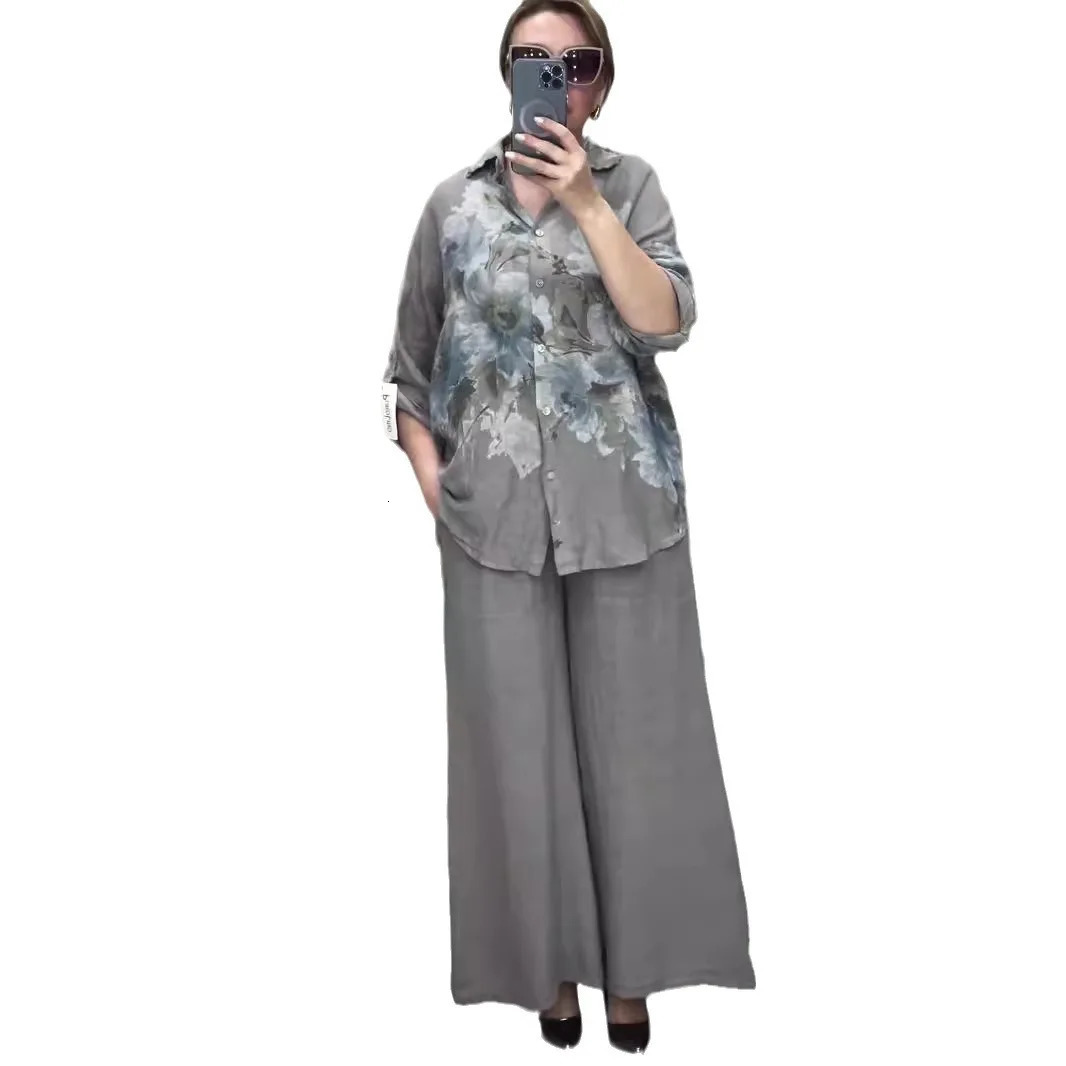 Two Piece Set Islam Muslim Women Tops Flower Print Shirt Wide Leg Pants Suits Ramadan Turkey Modest Ensembles Morocco Outfits 250617