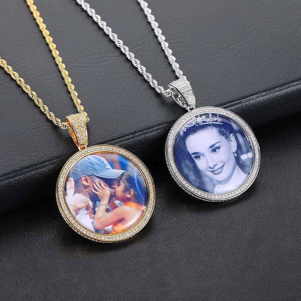 Hip Hop Jewelry Side Dia Round Photo Pendant Personality Micro Paved Zircon Memory Frame Necklace 3e5b