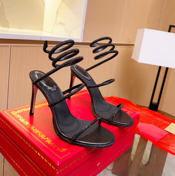 RENE CAOVILL Rhinestone high Heels Sandals Women's satin Ankle Snake Wrap Drill Cover Wedding Vacation Girls Silk Black Silver Crystal High-heeled sandals 35-41