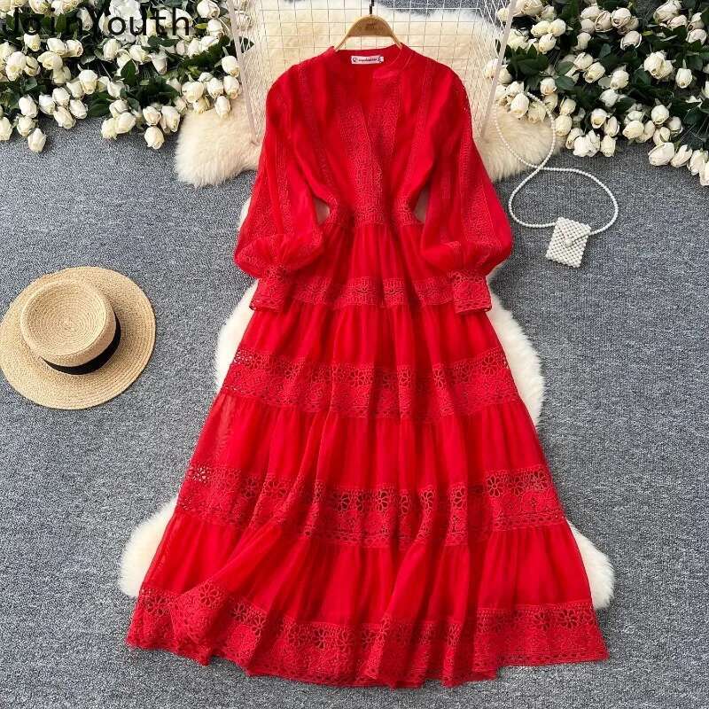 Elegant Dresses for Women Slim Waist Lantern Sleeve Temperament Robe Femme Patchwork Lace Chic Maix Dress 2025 Vestidos De Mujer