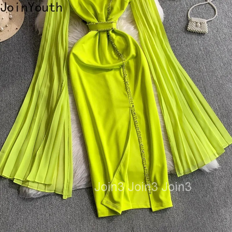 2025 Vestidos De Mujer Elegant Bodycon Dresses for Women V-neck Flare Sleeve Beading Tunic Robe Femme Split Temperament Dress