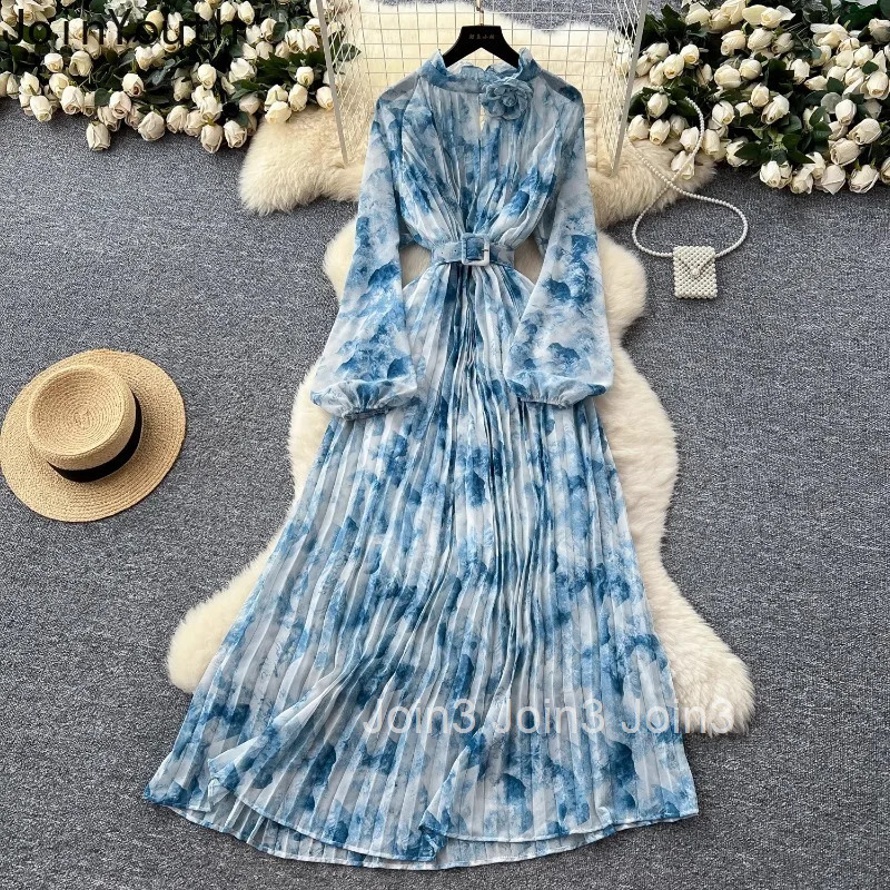 Dress for Women 2025 Vestidos De Mujer Bandage Slim Waist A-line Floral Robe Femme 3D Floral Chiffon Summer Pleated Maxi Dresses