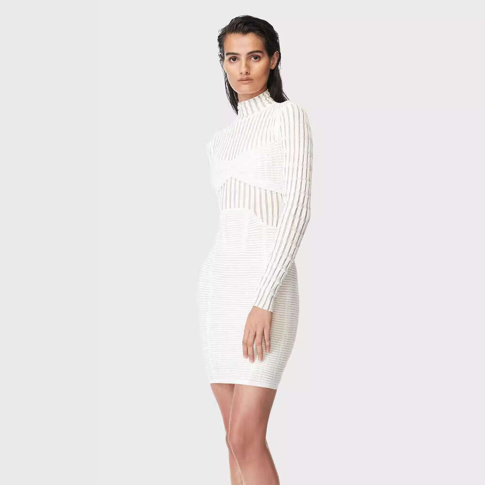 White Skirt Maxi Skirt Hofnige Summer New Tight Mesh See Through Sexy Bodycon White Stand Collar Long Sleeve Bandage Dress Long Skirt