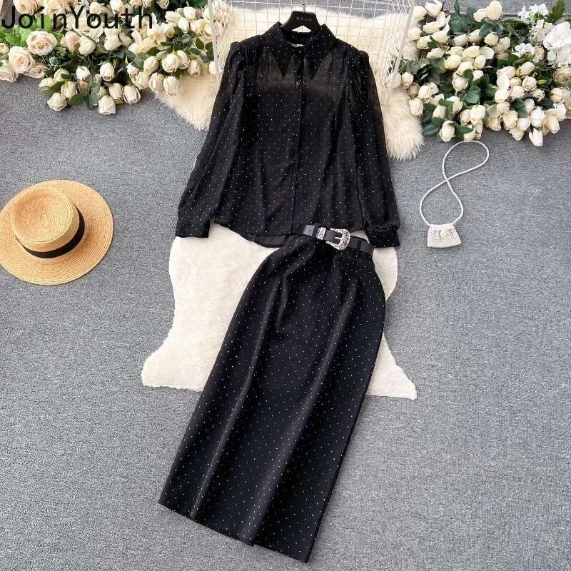 Women Clothing Temperament Two Piece Sets Long Sleeve Loose Shirt High Waist Skirts Outfits Roupas Femme Vintage Polka Dot Suit