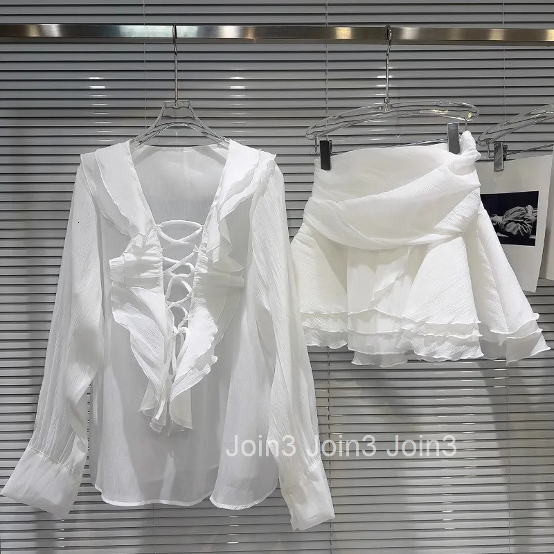 Skirt Suit Women Clothing Summer Two Piece Set V-neck Long Sleeve Blouse High Waist A-line Mini Skirt Outfits Chic Chiffon Sets