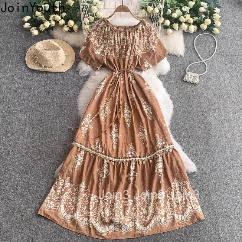 Maxi Dress Womens Clothing 2025 Vestidos De Mujer O-neck Puff Sleeve Slim Waist Robe Femme Floral Tassel Vintage Summer Dresses