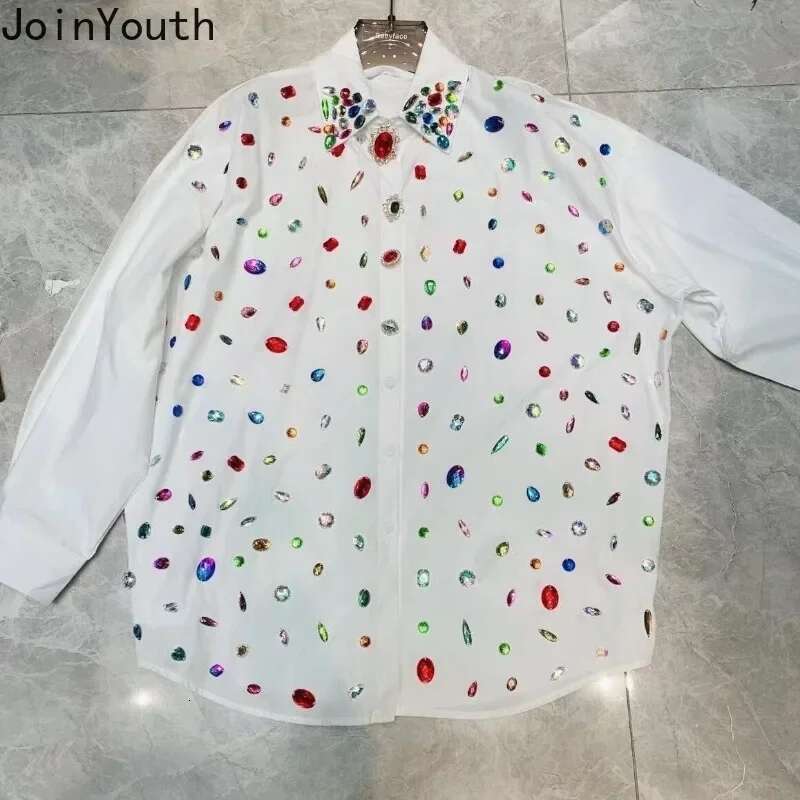 Harajuku Women Tops Fashion Heavy Diamond White Blouses 2025 Camisas De Mujer Long Sleeve Korean Shirt Streetwear Y2k Blouse