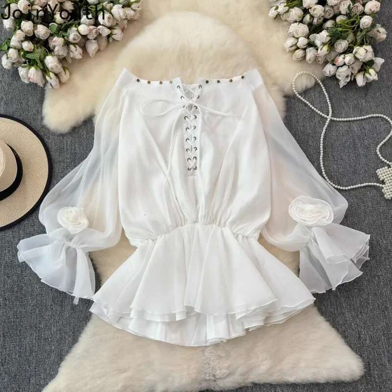 2025 Blusas Mujer De Moda Slash Neck Long Sleeve Blouses Women Clothing Vintage Bandage Tops 3D Floral Fashion Chiffon Shirts
