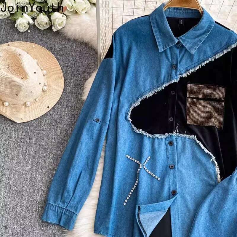 Chic Wome Two Piece Set Roupas Femme Y2k Clothes Patchwork Denim Long Sleeve Shirt High Waist Straight Wide Leg Pants Outfits