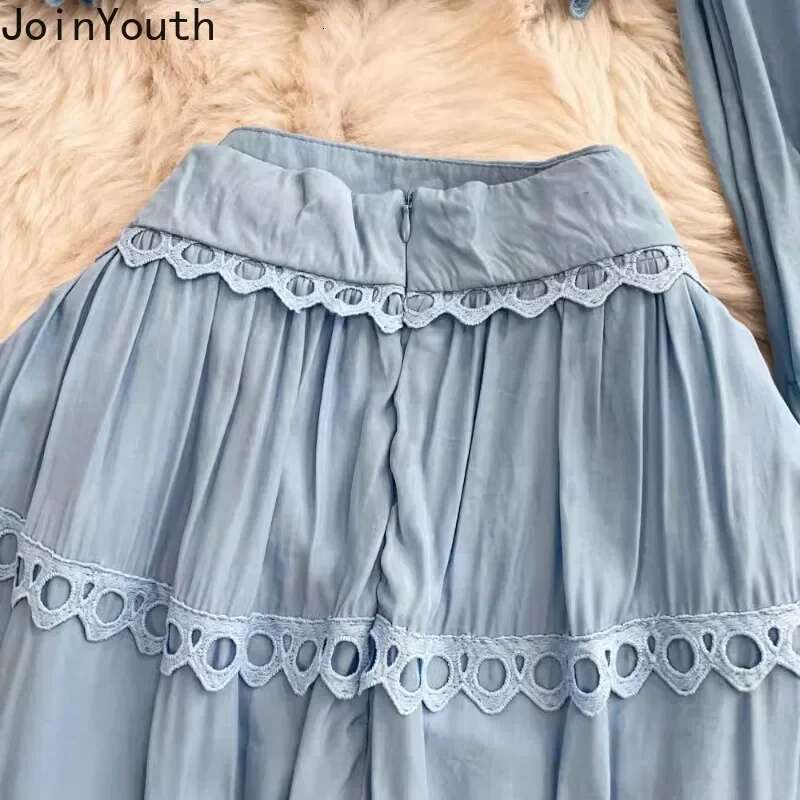 Fashion 2 Pieces Sets Women Clothing Stand Neck Lantern Sleeve Crop Shirts High Waist Skirt Outfits Hollow Out Lace Vintage Set