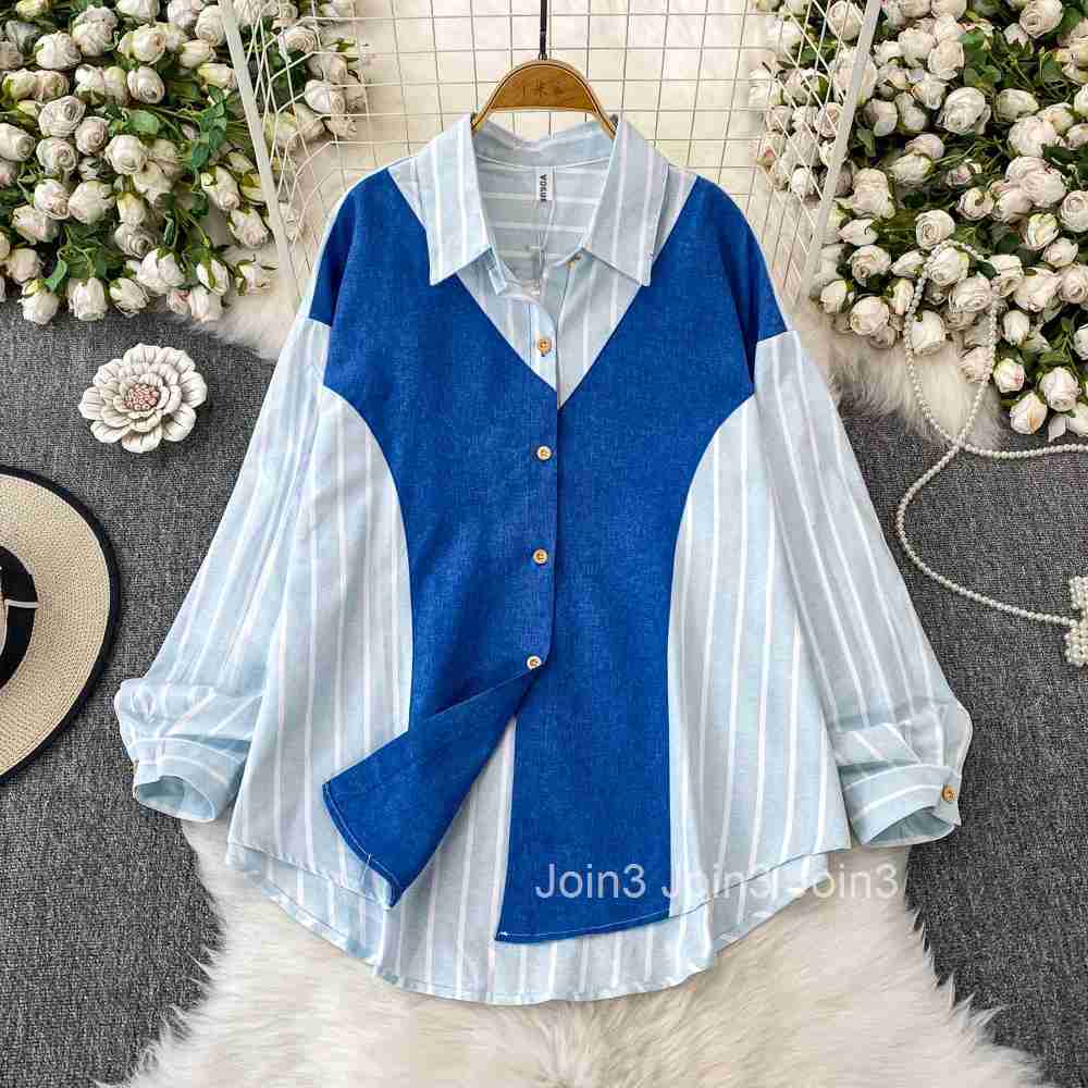 Korean Casual Shirts Women Clothing Patchwork Striped Long Sleeve Blouses Fashion Summer Loose Tops 2025 Blusas Mujer De Moda