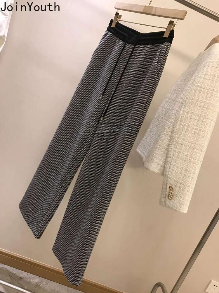 Plaid Wide Leg Pants Women High Waist Casual Thicked Pantalon Femme Vintage Woolen Straight Korean Trousers 2025 New Bottoms