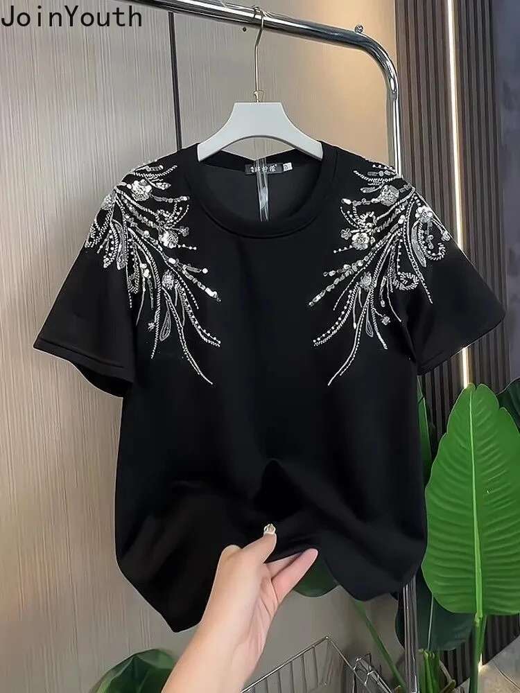 2025 Ropa Mujer White Tshirts for Women O-neck Short Sleeve Tees Fashion Sequin Diamond Camisetas Loose Casual Summer T-shirt