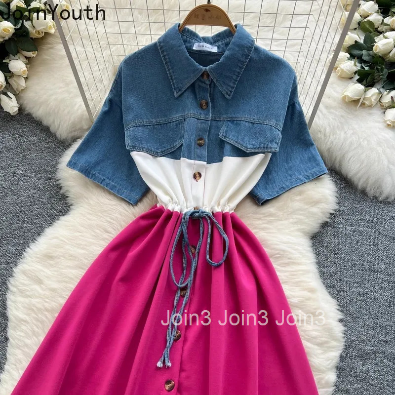 Contrast Color Woman Dress Fake Two Chic Robe Femme 2025 Vestidos De Mujer Patchwork Denim Chic Casual Slim Waist Summer Dress