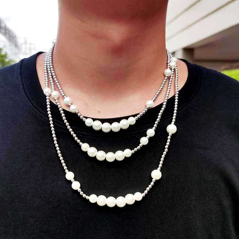 Hip Hop Stainless Steel Ball Bead Mixed Glass Pearl Necklace Palace Style Niche Design Clavicle Chain c160