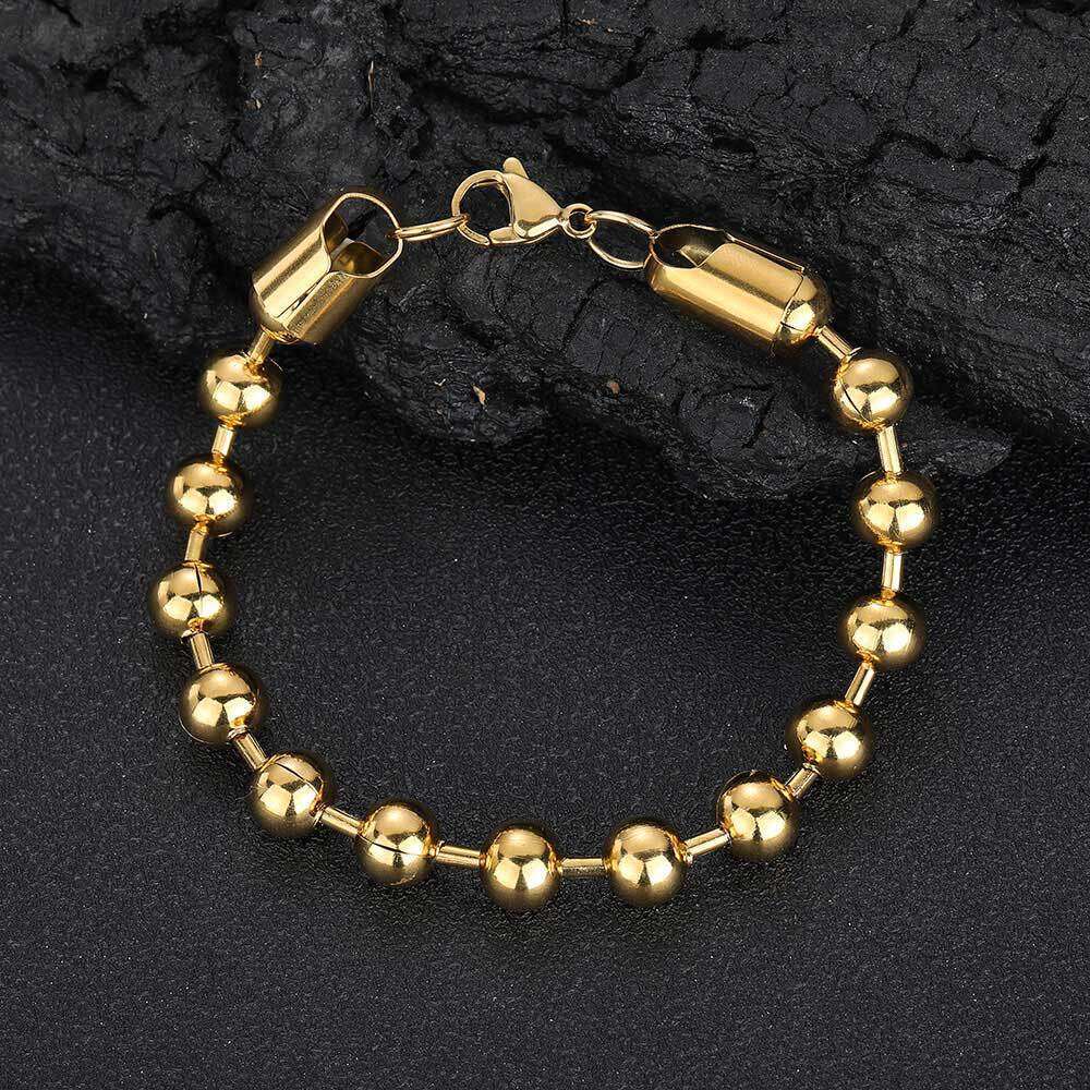 8mm Glass Round Bead Chain Stainless Titanium Steel Jewelry Gold Men's Bracelet Accessories 5c98