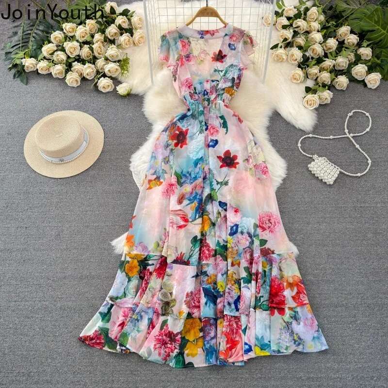 Floral Sweet Dresses for Women V-neck Flying Sleeve Elegant Robe Femme Single Breasted Tunic Summer Maxi Dress Vestidos De Mujer