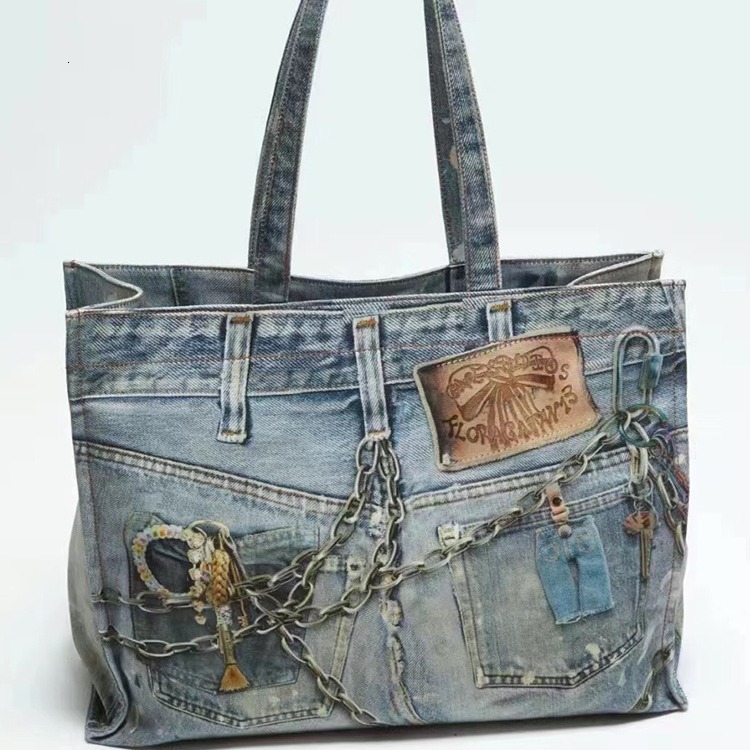 Free shipping designer bag Ins Internet Celebrity Same Style Casual Versatile Retro Chain Denim Shoulder Bag Handbag Tote Large Bag 2024 New