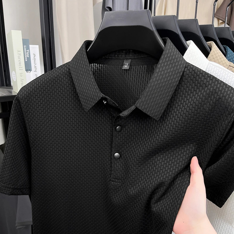 Personalized waffle short sleeve polo shirt summer high-end ice silk breathable and comfortable solid color lapel T-shirt 250618