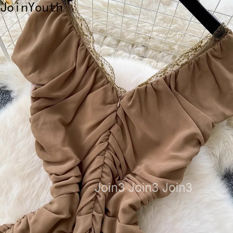 Elegant Dress Women Clothes Patchwork Lace V-neck Slim Waist Folds Robe Femme 2025 Vestidos De Mujer Bandage Summer Maxi Dresses