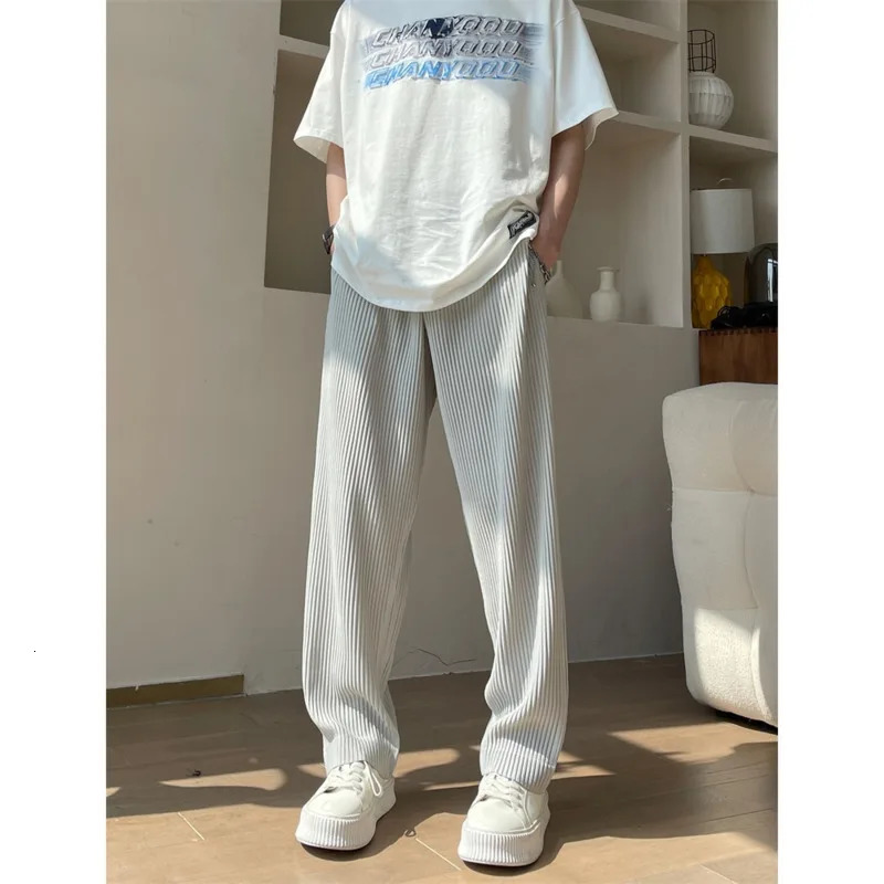 Summer Pleated Pants Men Fashion Oversized Ice Silk Pants Men Japanese Streetwear Loose Straight Pants Mens Casual Trousers 250619