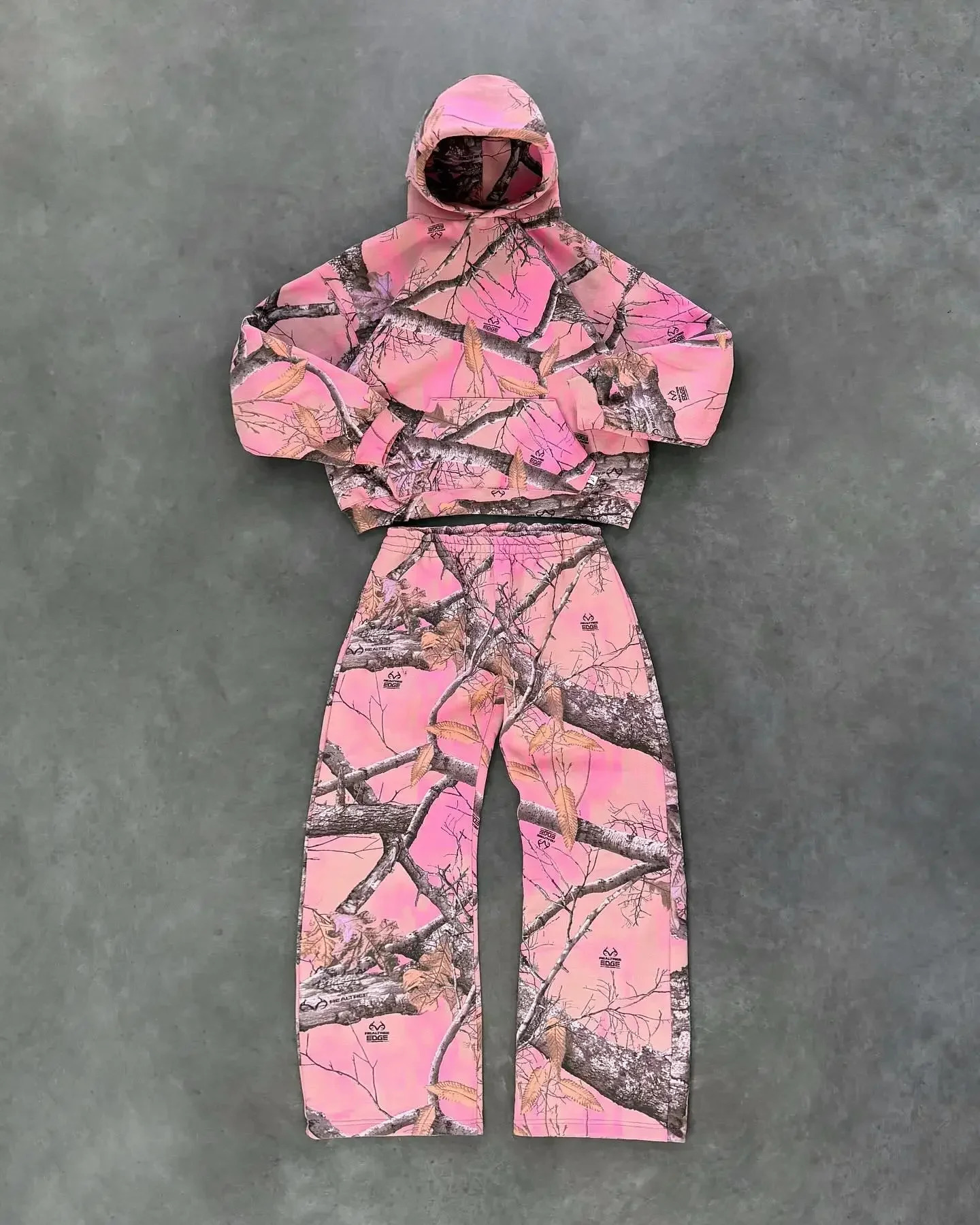 Y2K camouflage pattern hoodies men clothing hip hop retro pink harajuku street pullover punk straight pants casual suit 250614