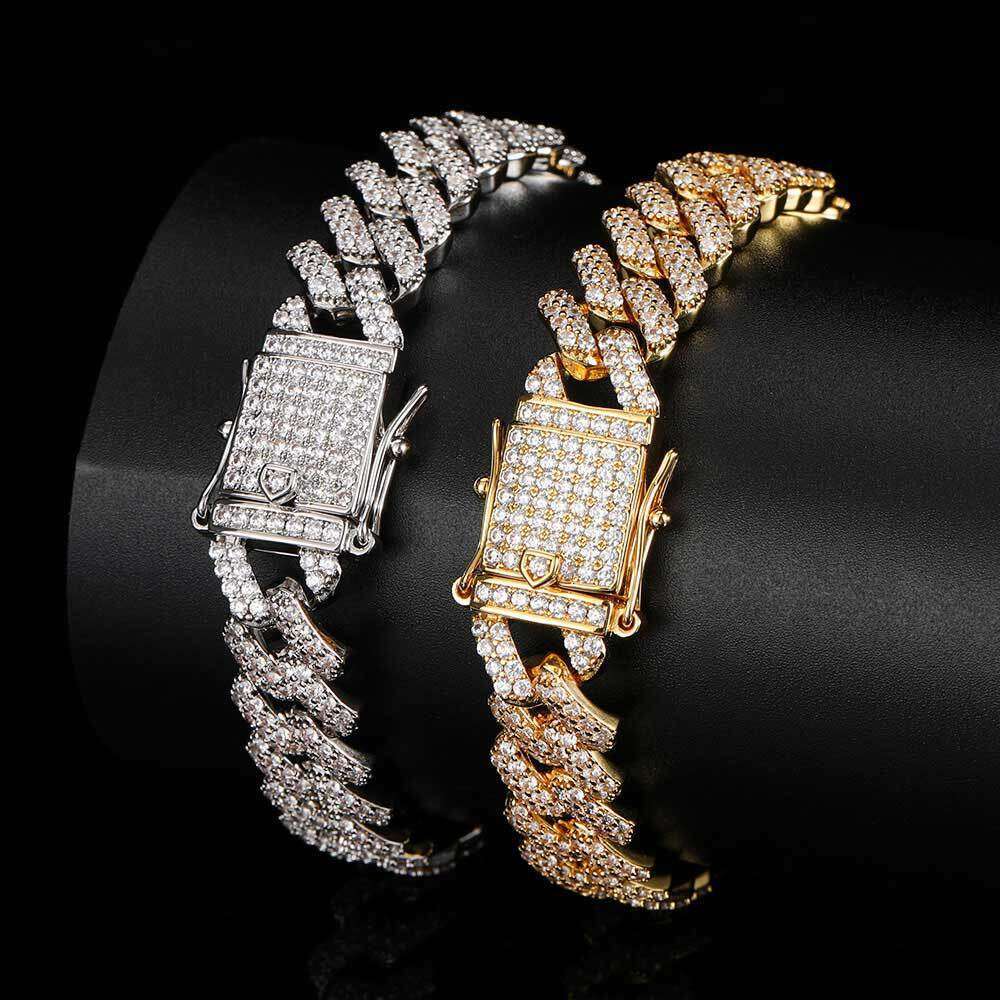 Hip Hop 12mm Double Row Zircon Dia Cuban Chain Trendy Brand Gold Men's Bracelet Jewelry 4ad1