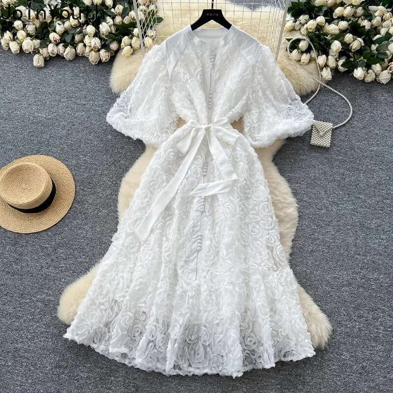Elegant Woman Dresses Heavy 3D Floral Sweet Chic Robe Femme Slim Waist Single Breasted Bandage Maxi Dress 2025 Vestidos De Mujer