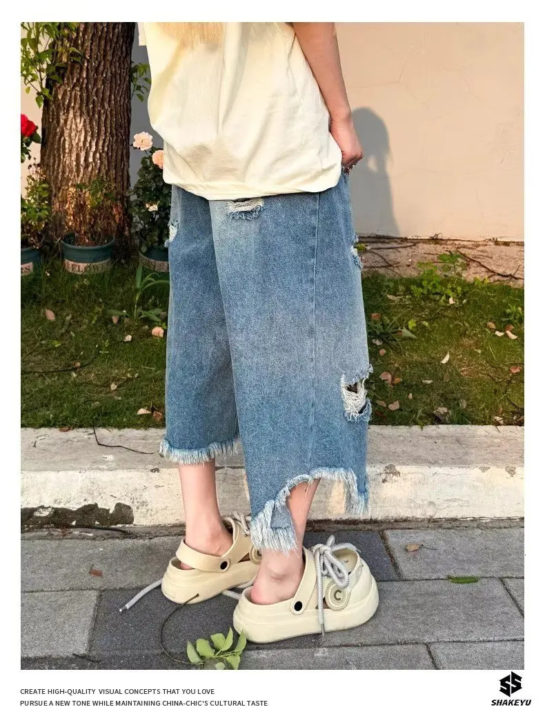 DM Vintage Ripped Denim Shorts Men Streetwear Harajuku Baggy Jeans Shorts Summer Casual Loose Shorts 250617