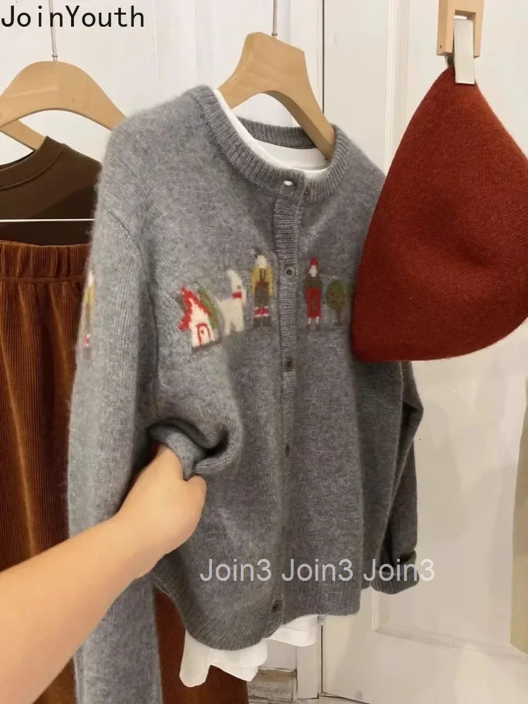 Pull Femme Cartoon Embroidery Knit Women Cardigan Jackets 2025 Ropa Mujer Fashion Vintage Sueter Mujer Oversized Sweater Tops