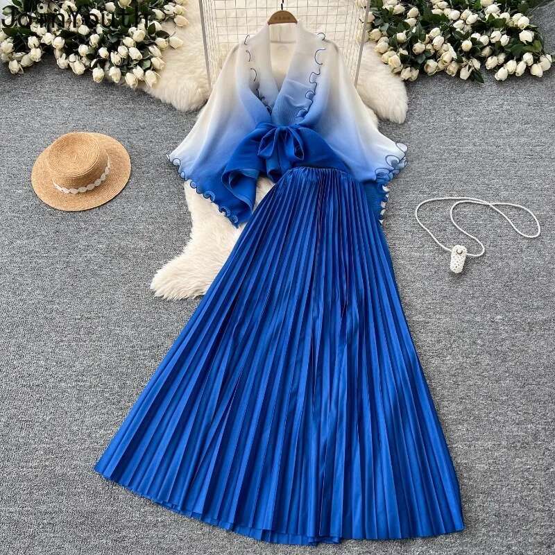Skirt Suit Two Piece Sets Womens Outfits Roupas Femme Bandage Gradient Ruffles Tops High Waist Pleated Long Skirts Elegant Set