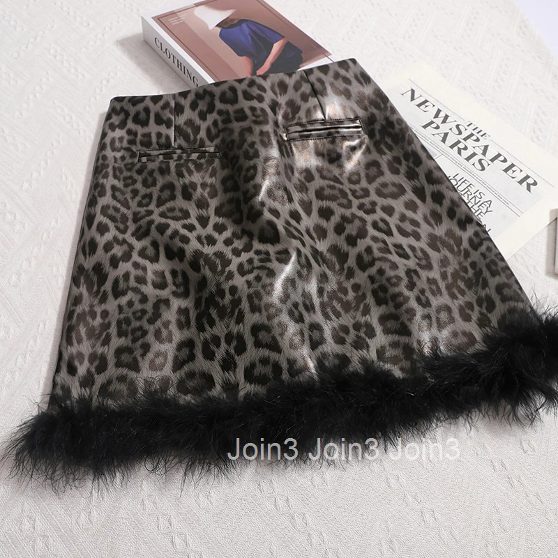 Fashion Leopard Print Skirts for Women Temperament Jupe 2025 Faldas Mujer De Moda Patchwork Furry Bodycon Mini Skirt Korean Saia