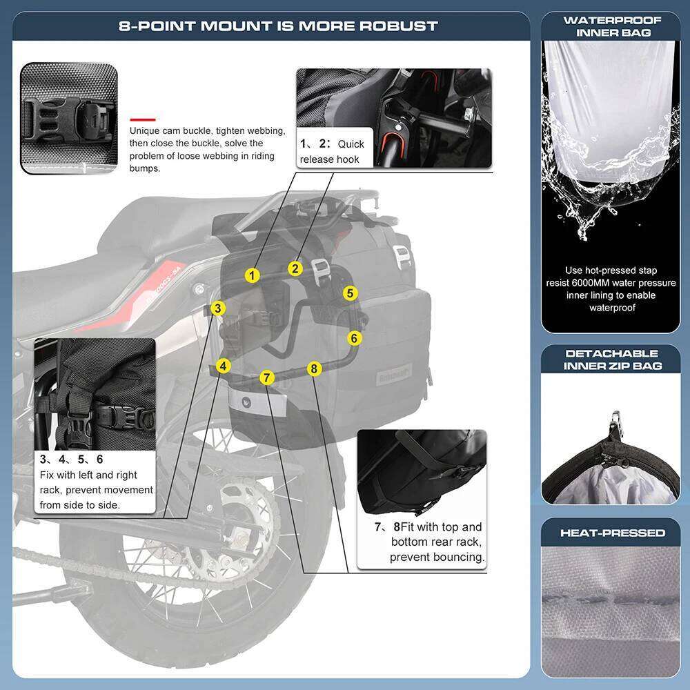 Rhinowalk Motorcycle Side Fully Waterproof Inside 20L Expand 30L Universal Hook Saddle Bag With Removable Motorbike Lage