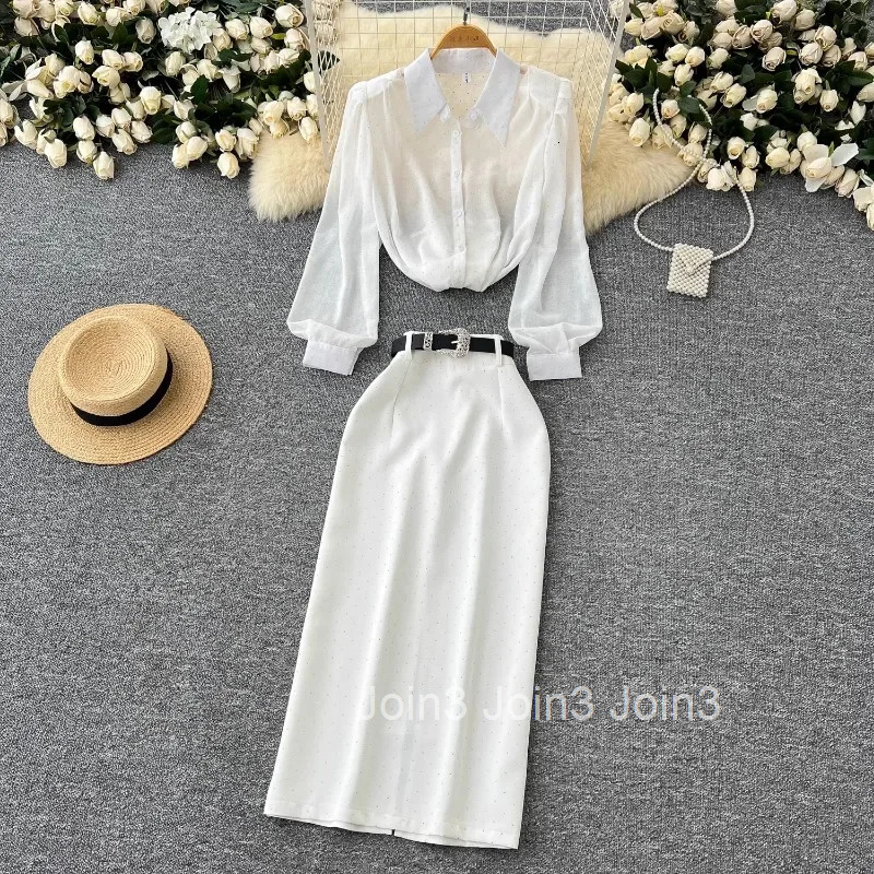 Women Clothing Temperament Two Piece Sets Long Sleeve Loose Shirt High Waist Skirts Outfits Roupas Femme Vintage Polka Dot Suit