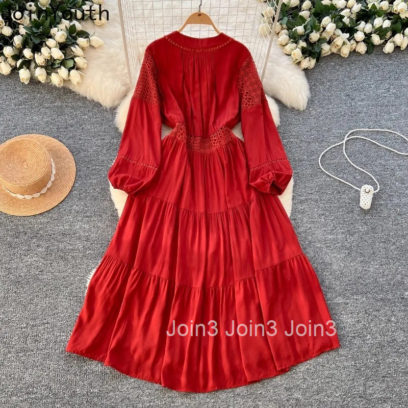 Vintage Dresses Women Clothing V-neck Lantern Sleeve Slim Waist Robe Femme Single Breasted Hollow Out Maxi Dress Vestido Femme