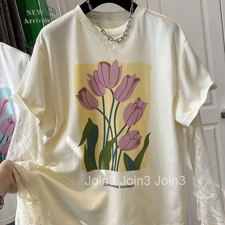 Oversized Woman T Shirts Fake Two Tees Lace Long Sleeve O-neck Floral Camisetas Y2k Tops 2025 Ropa Mujer Chic Casual Y2k Tshirt