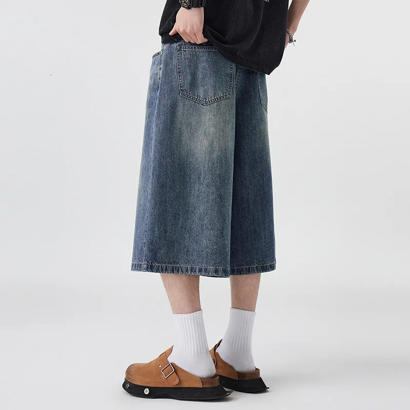 Mens Non-Elastic Denim Seven-Five Shorts Loose Wide Leg Fit Versatile Simple Style Casual Shorts 250617