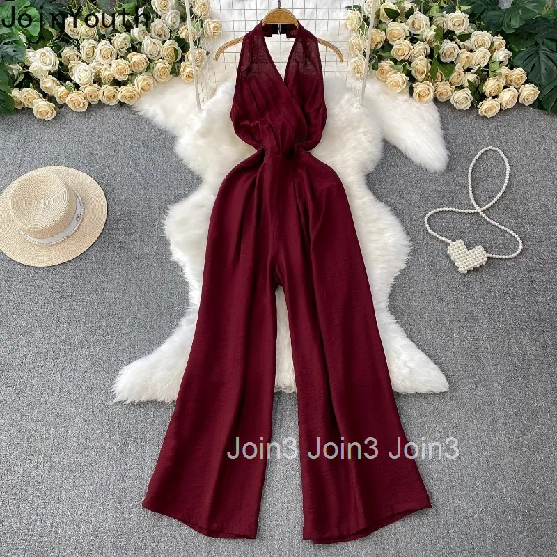 Summer Jumpsuits for Women Temperament Sexy Backless Bodysuit Slim Waist High Waist Straight Wide Leg Pants Chic Korean Playsuit