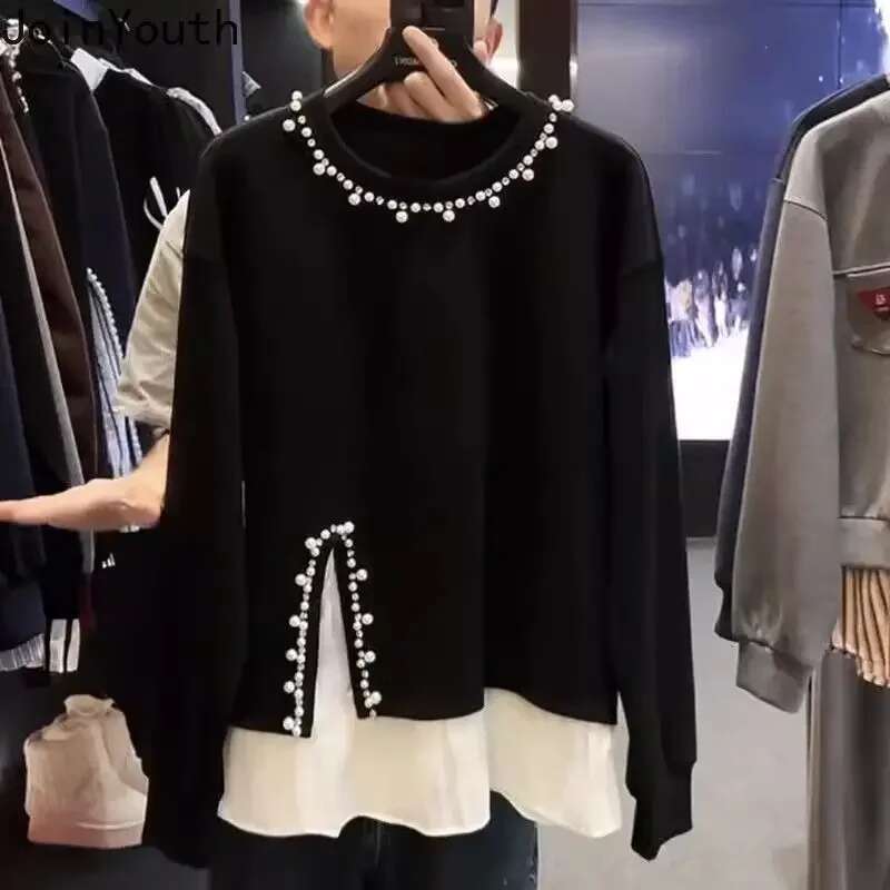 Fake Two Hoodeis 2025 Women Clothes Heavy Beading O-neck Patchwork Y2k Tops Ropa Mujer Contrast Color Fashion Casual Sweatshirts