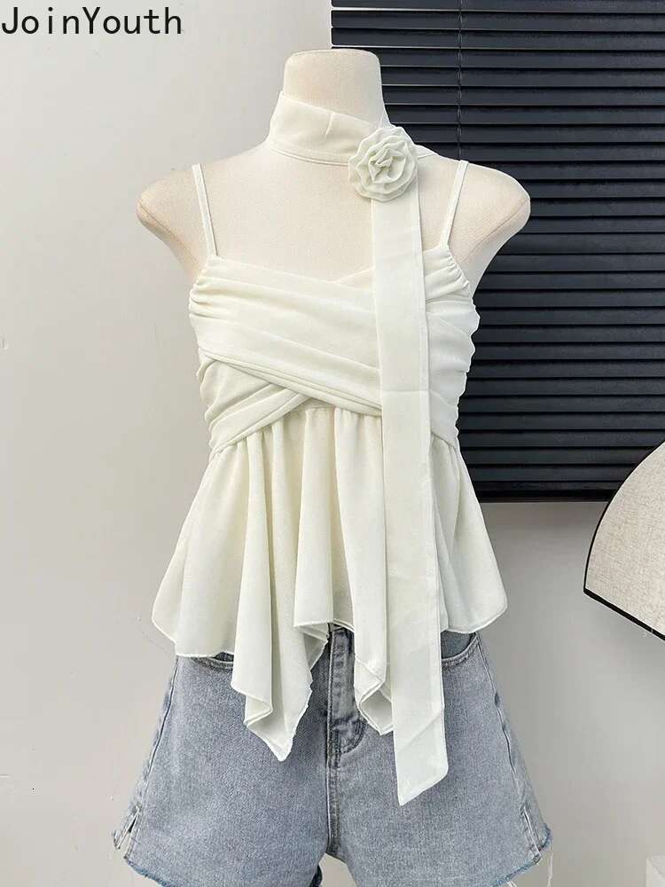 Temperament Lady Tops Sexy Vest Korean Fashion Clothing 3D Floral Bandage Tunic Camis Crop Tops Irregular Folds Summer Tanks