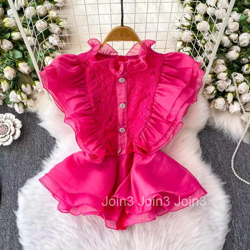 2025 Camisas De Mujer Sleeveless Stand Neck Blouse Women Clothing Heavy Lace Tunic Temperament Tops Ruffles Sweet Summer Shirts