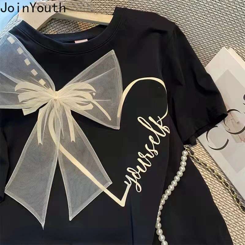 White Tshirts for Women Summer Camisetas Short Sleeve O-neck Sweet Bow Tees Y2k Tops Fashion Casual T Shirts 2025 Ropa Mujer