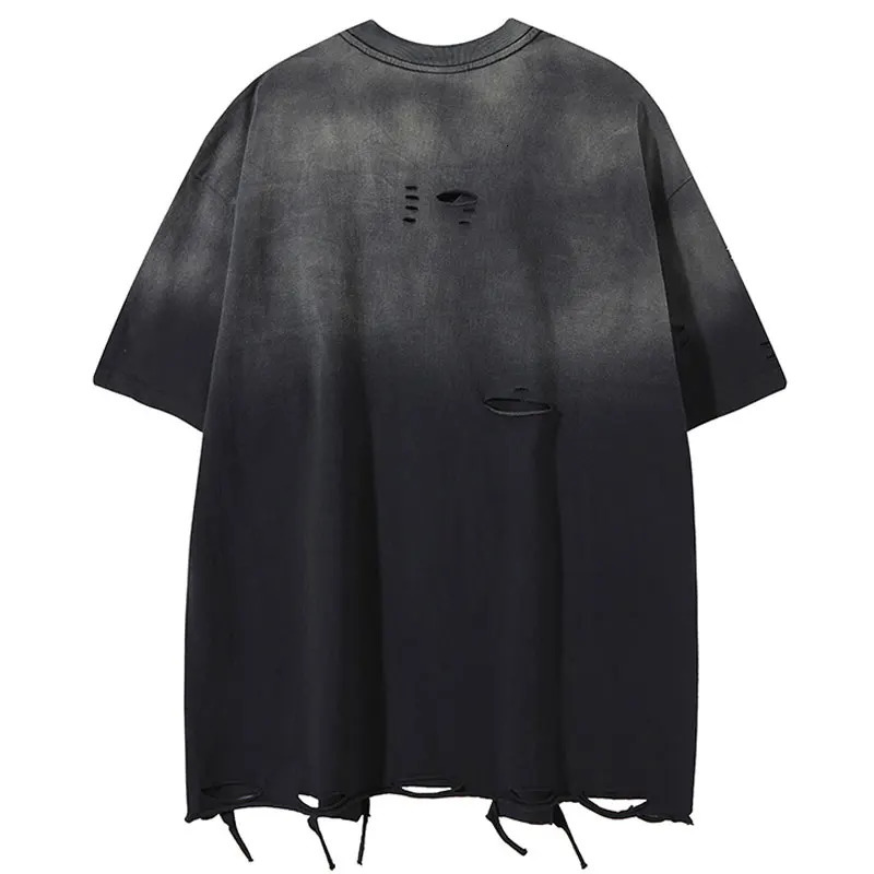 Vintage Men T-Shirt Y2K Grunge Ripped Hole Tie Dye Gradient Oversized T-shirt with Chain Hip Hop Punk Gothic Baggy Streetwear Top 250616