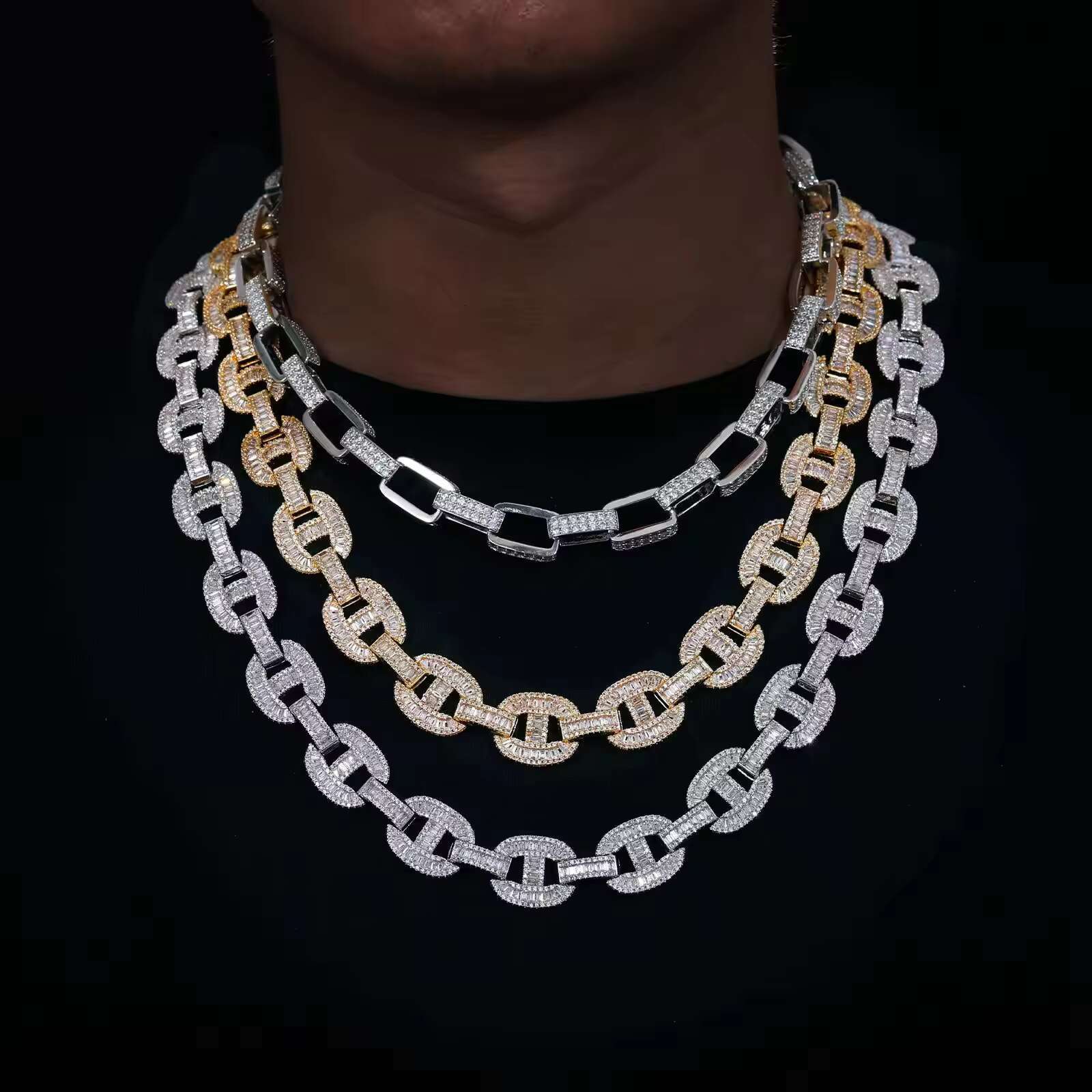 Hip Hop 16mm Baguette Hip Hop Link Chain 925 Sterling Silver Necklace Iced Out Cuban Necklace Men VVS Mossanite Necklace